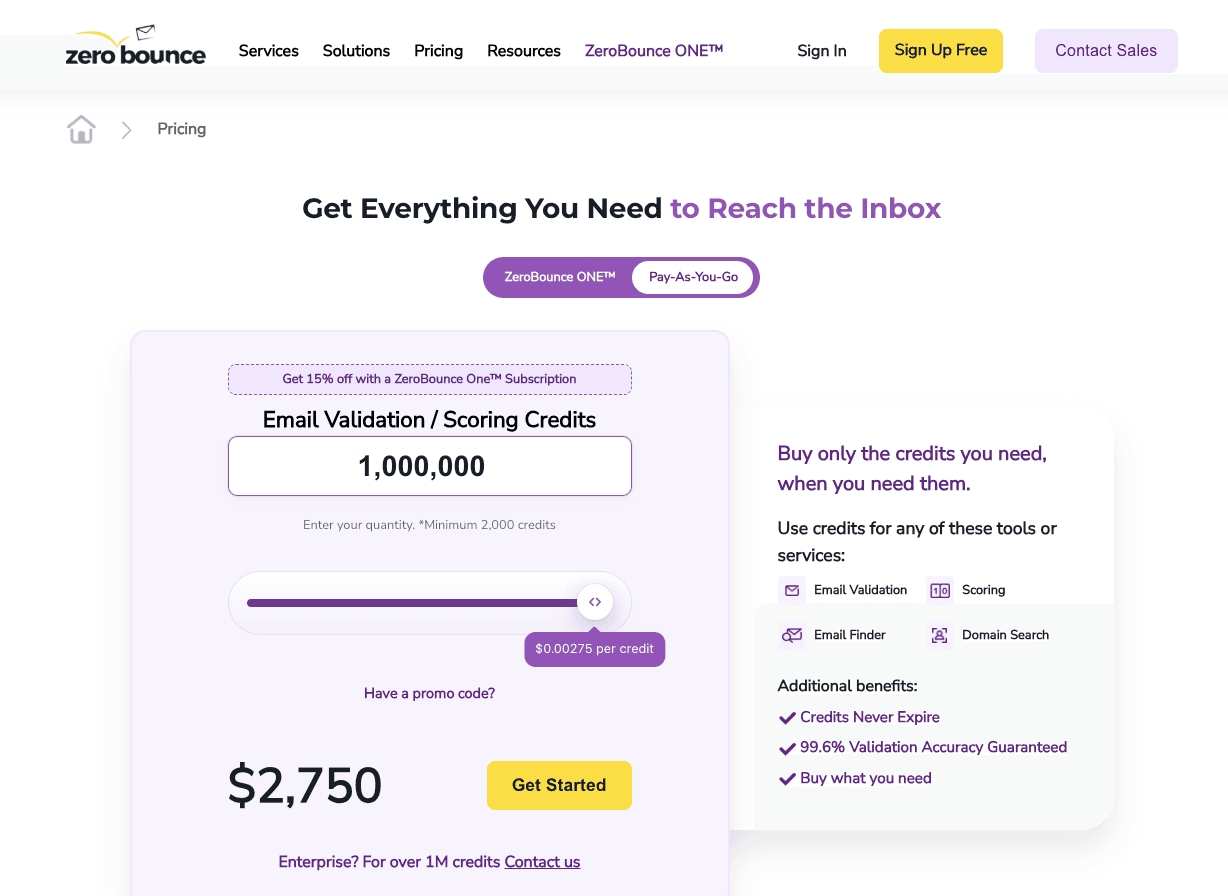 ZeroBounce pricing - 99/mo